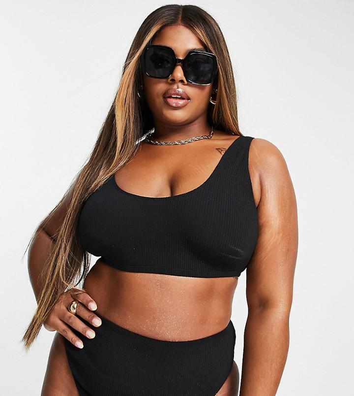 Asos Design Curve Mix And Match Crinkle Skinny Scoop Crop Bikini Top In Black