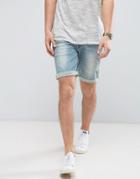 Asos Denim Shorts In Skinny With Abrasions Light Wash Blue - Blue