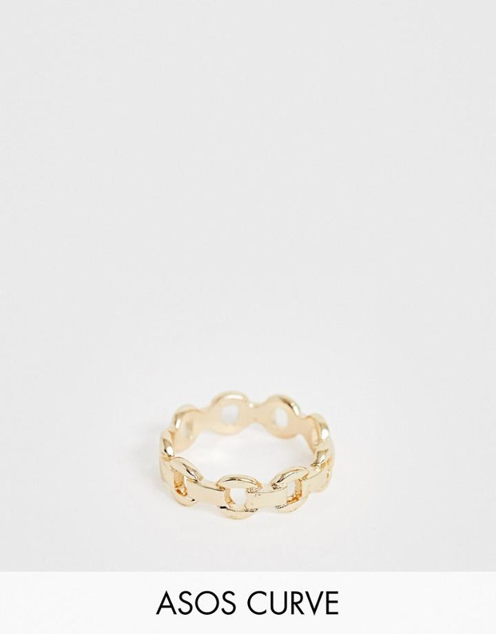 Asos Design Curve Ring In Curb Chain Design In Gold Tone - Gold