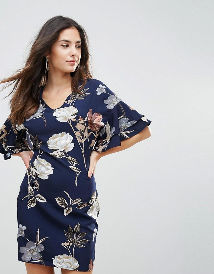 Parisian V Neck Floral Shift Dress With Flare Sleeve - Navy