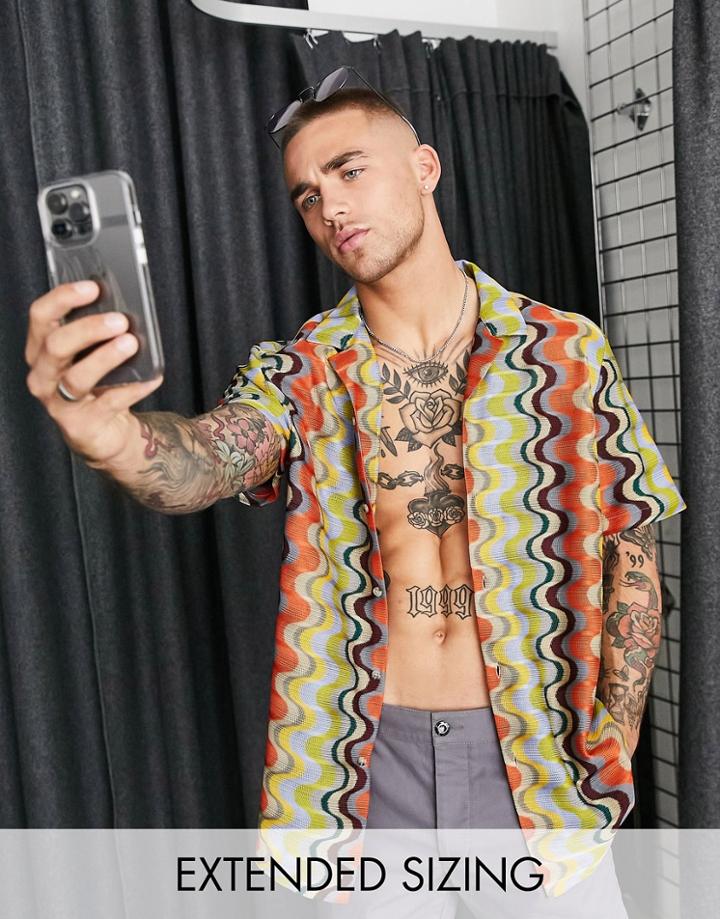 Asos Design Relaxed Revere Shirt In Warped Crochet Print-multi