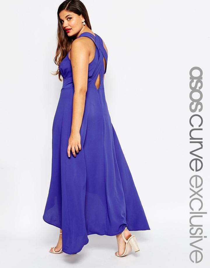 Asos Curve Sweeping Maxi Dress With Cross Back - Blue