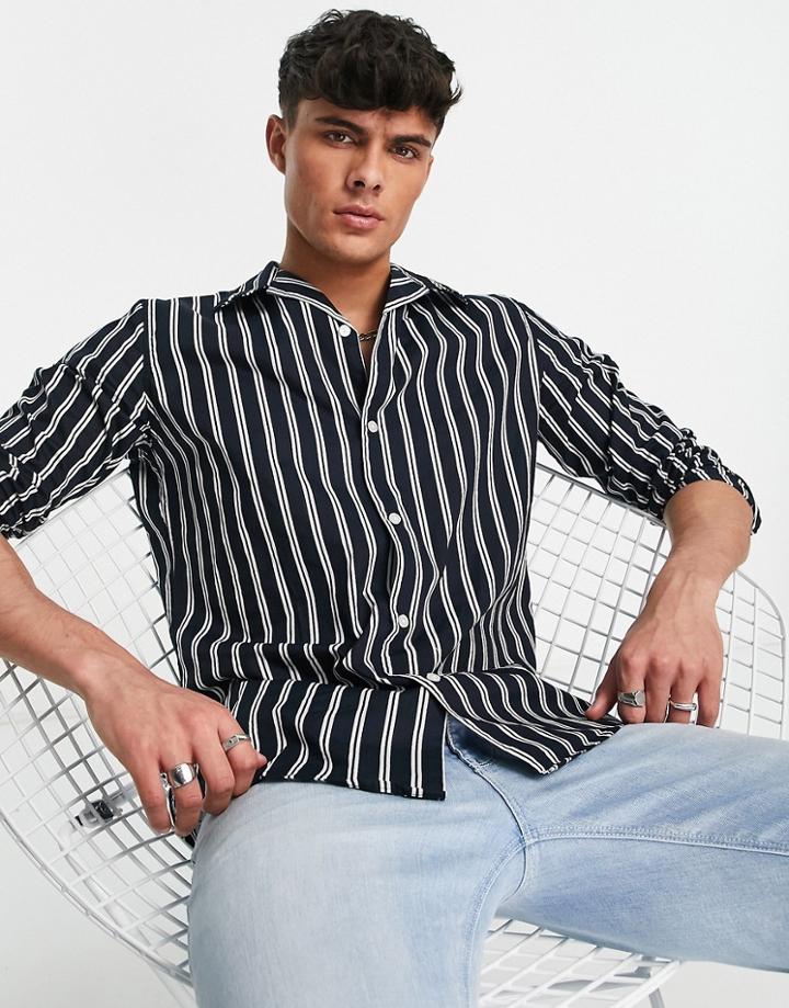 Selected Homme Organic Cotton Blend Camp Collar Shirt With Stripes In Navy