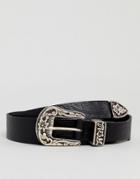 Asos Slim Leather Western Belt With Floral Emboss - Black