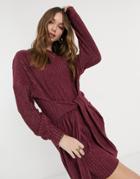 Asos Design Tie Waist Brushed Rib Mini Dress In Oxblood-red