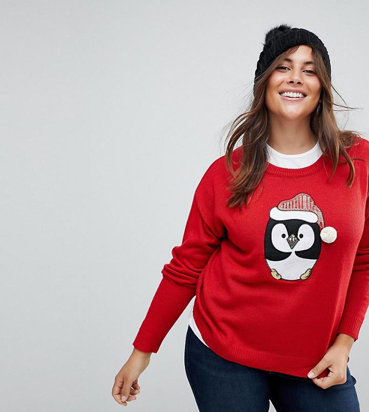 Brave Soul Plus Holidays Penguin Sweater - Red