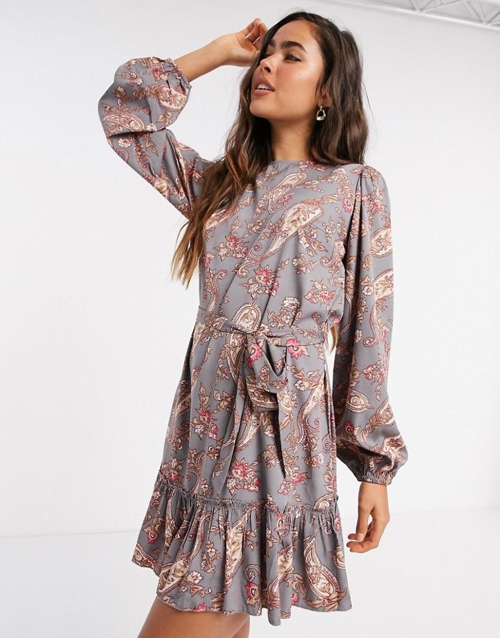 Ax Paris Drop Hem Long Sleeve Dress In Paisley-multi