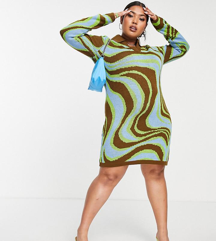 Asos Design Curve Knit Mini Dress In Swirl Jacquard Pattern-multi