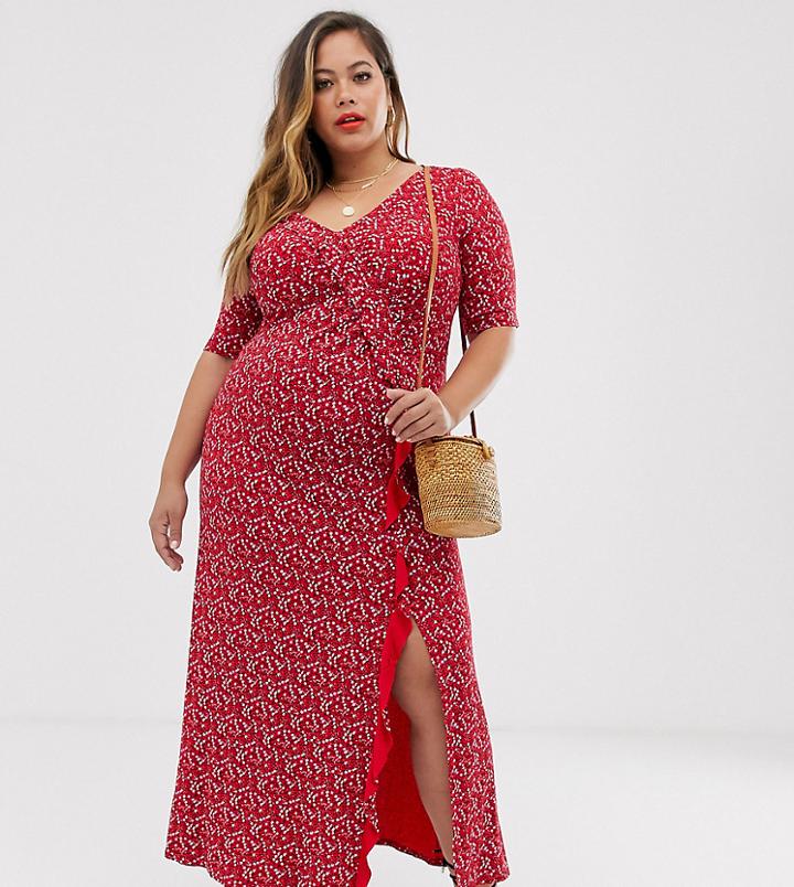 Asos Design Curve Long Sleeve Wrap Maxi Dress In Ditsy Print - Multi