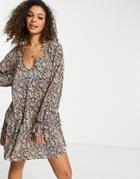 Asos Design Plisse V-neck Long Sleeve Mini Dress With Ruffle Hem And Cuffs In Black And Yellow Flirty Floral