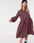 Y.a.s Midi Smock Dress In Burgundy Floral-multi