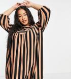 Asos Design Curve Long Sleeve Smock Dress In Brown And Black Stripe