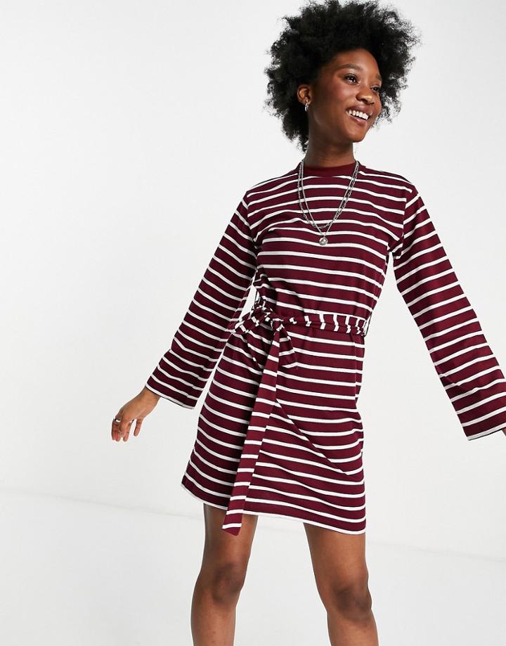 Asos Design Oversized Long Sleeve T-shirt Dress With Belt In Burgundy And White Stripe-red