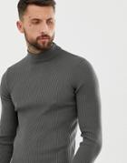 Asos Design Muscle Fit Ribbed Turtleneck Sweater In Petrol Blue Twist - Navy