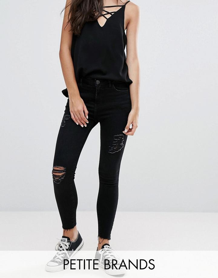 New Look Petite Distressed Raw Hem Jeans - Black