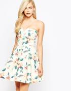 Ax Paris Bandeau Dress With Kick Out Skirt In Tropical Floral - Multi