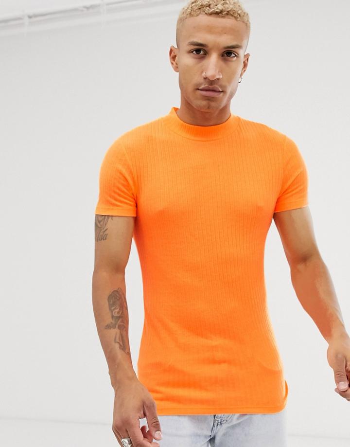 Asos Design Muscle Fit T-shirt With Turtleneck In Neon Orange - Orange