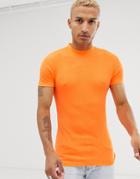Asos Design Muscle Fit T-shirt With Turtleneck In Neon Orange - Orange
