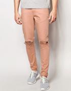 Asos Super Skinny Jeans With Knee Rips In Pink - Mahogany Rose