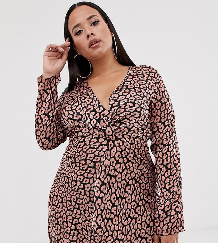 Club L Plus Long Sleeve Twist Front Animal Print Dress-beige