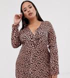Club L Plus Long Sleeve Twist Front Animal Print Dress-beige