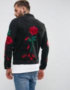 Liquor & Poker Denim Roses Embroidered Washed Black Denim Jacket - Black