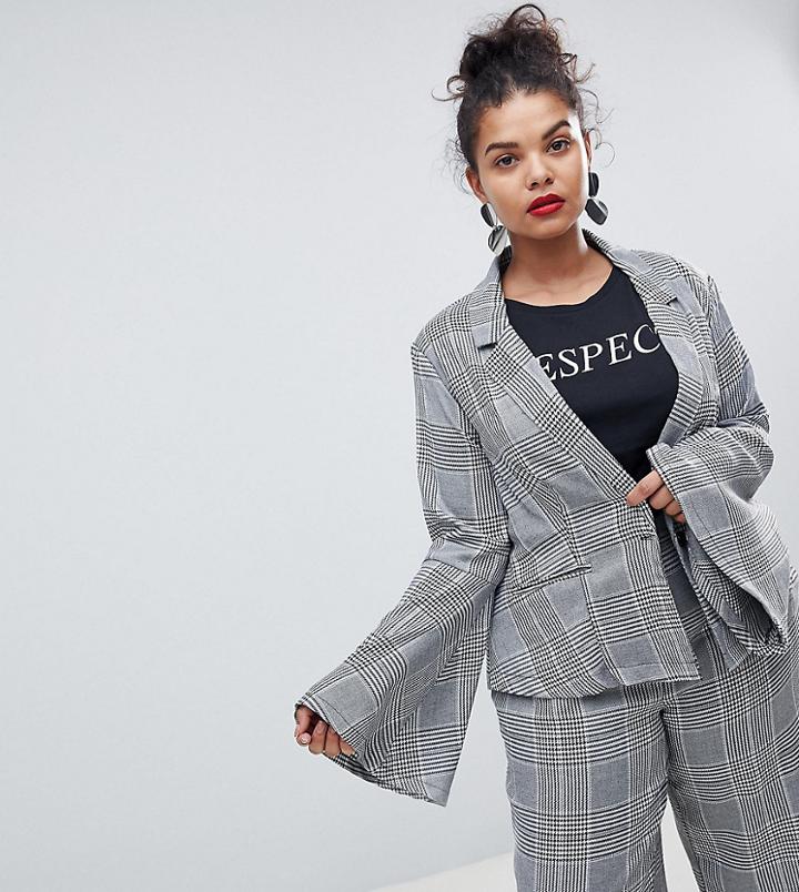 Unique 21 Hero Plus Fitted Blazer With Flared Sleeves In Prince Of Wales Check Co-ord - Gray