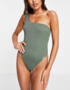 Free Society One Shoulder Scrunch Swimsuit In Khaki-green