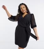 Asos Design Curve Wrap Front Mini Dress With Dobby Puff Sleeves In Black