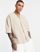 Asos Design Set Oversized Button Through T-shirt In Textured Jacquard In Beige-neutral