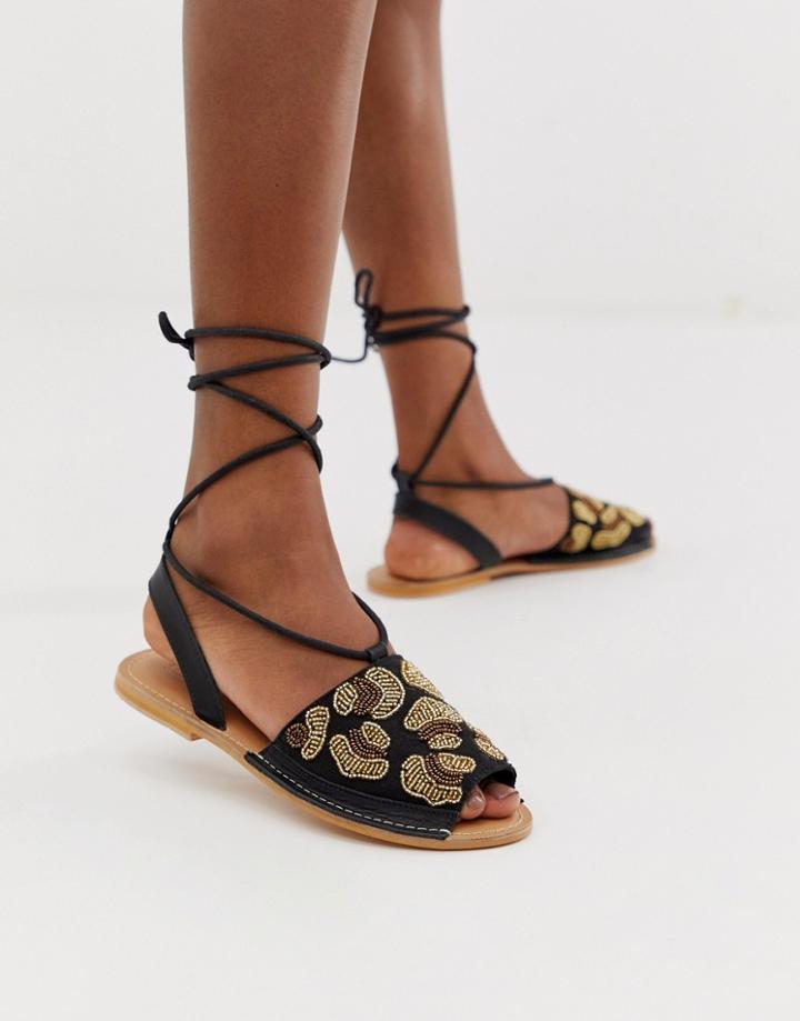 Asos Design Fondi Beaded Leather Leopard Flat Sandals-black