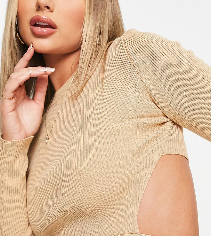 Missguided Ribbed Top With Tie Back Detail In Camel - Part Of A Set-brown