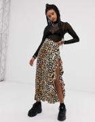 Sacred Hawk Satin Maxi Skirt With Thigh Split In Leopard - Multi