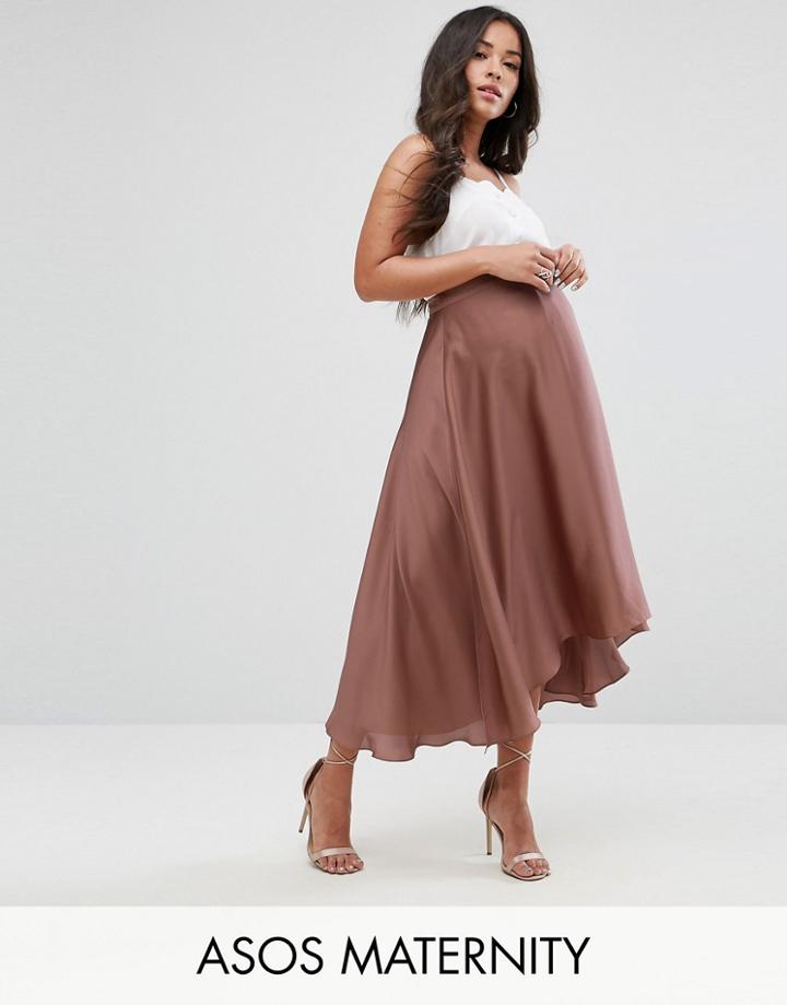 Asos Maternity Over The Bump Midi Skirt In Satin With Splices - Gold