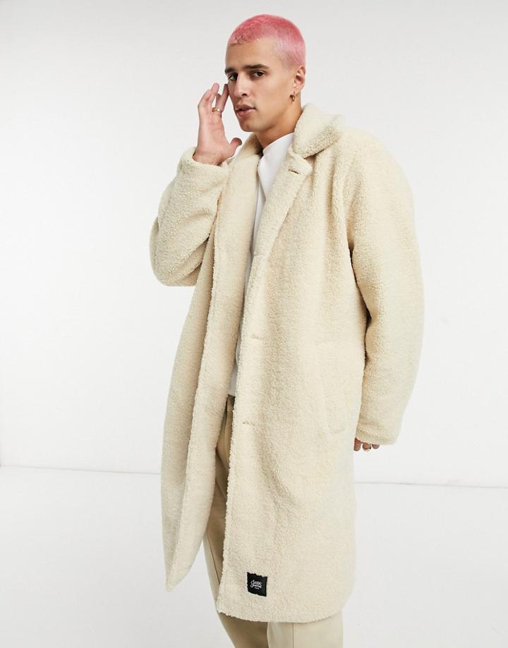 Sixth June Longline Borg Coat In Cream-white