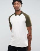 Asos Contrast Raglan Polo Shirt In Off White And Green - White
