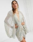Asos Design Sequin Embellished Cape Sleeve Mini Dress With Wrap Skirt-green