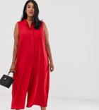 Asos Design Curve Casual Culotte Shirt Jumpsuit - Red