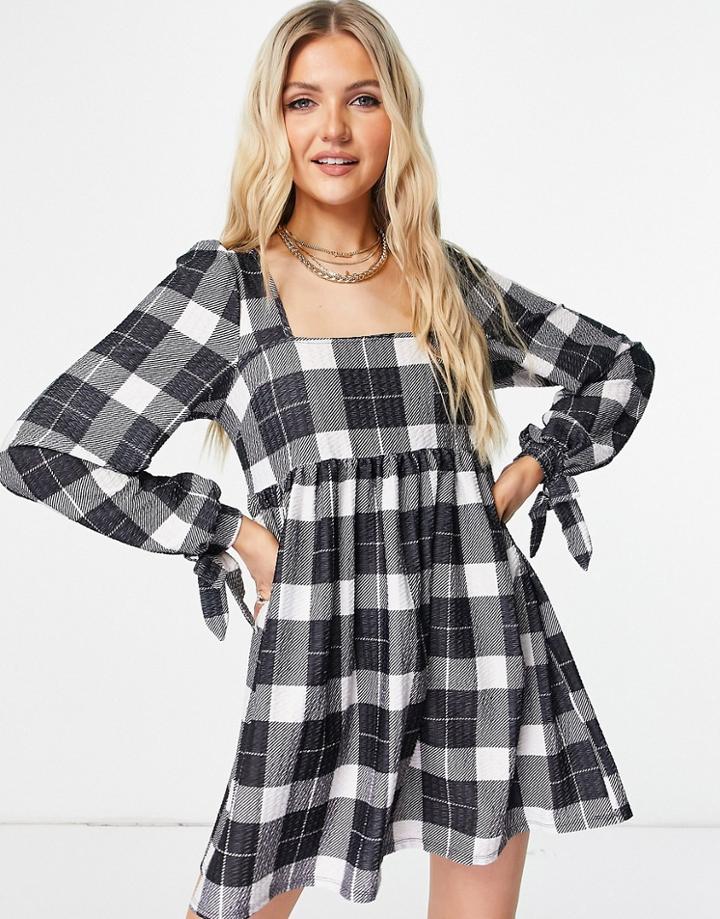 Asos Design Square Neck Mini Smock Dress With Tie Cuff Detail In Black And White Check