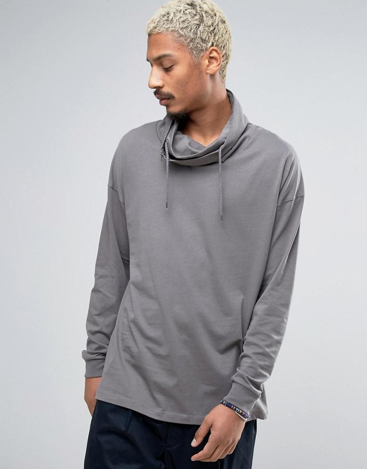 Asos Oversized Long Sleeve T-shirt With Double Funnel Neck - Gray