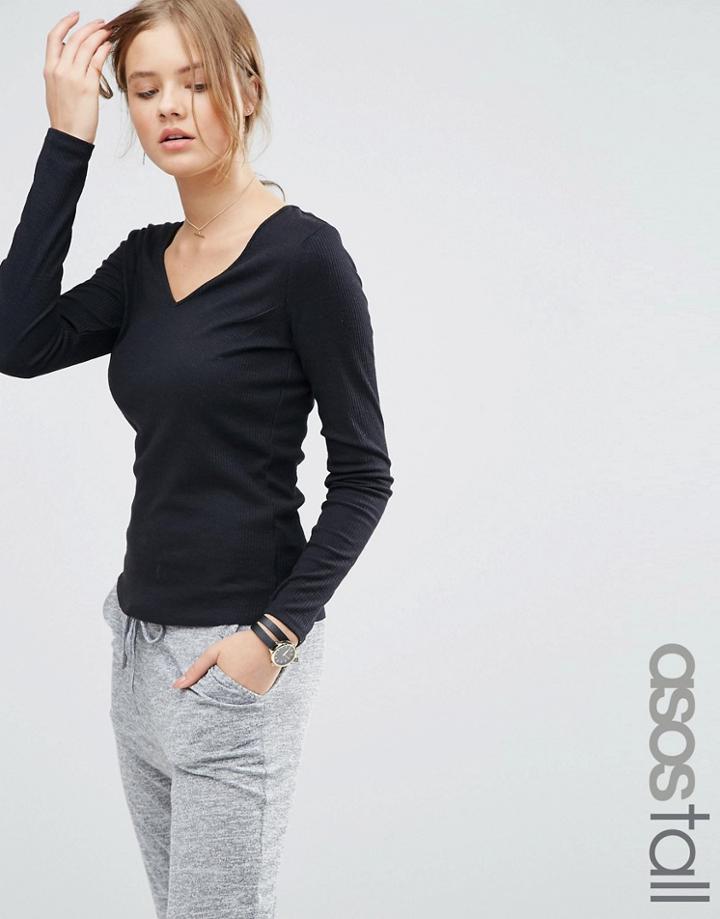 Asos Tall Fitted V Neck Long Sleeve T-shirt In Slub - Black