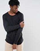 Black Kaviar Longline Long Sleeve T-shirt With Big Pocket - Black