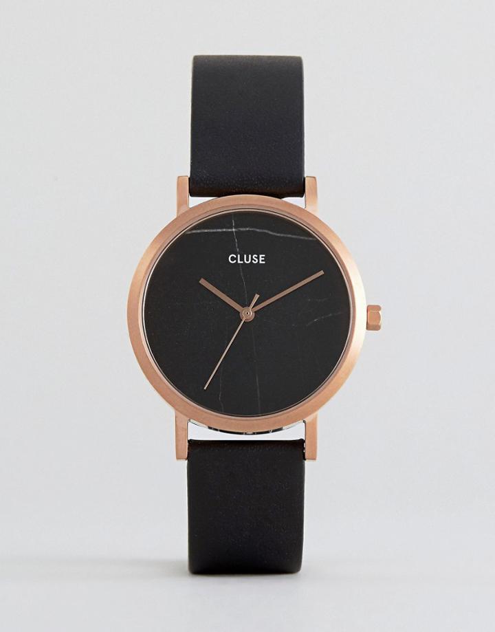 Cluse La Roche Marble Black & Rose Gold Leather Watch - Black