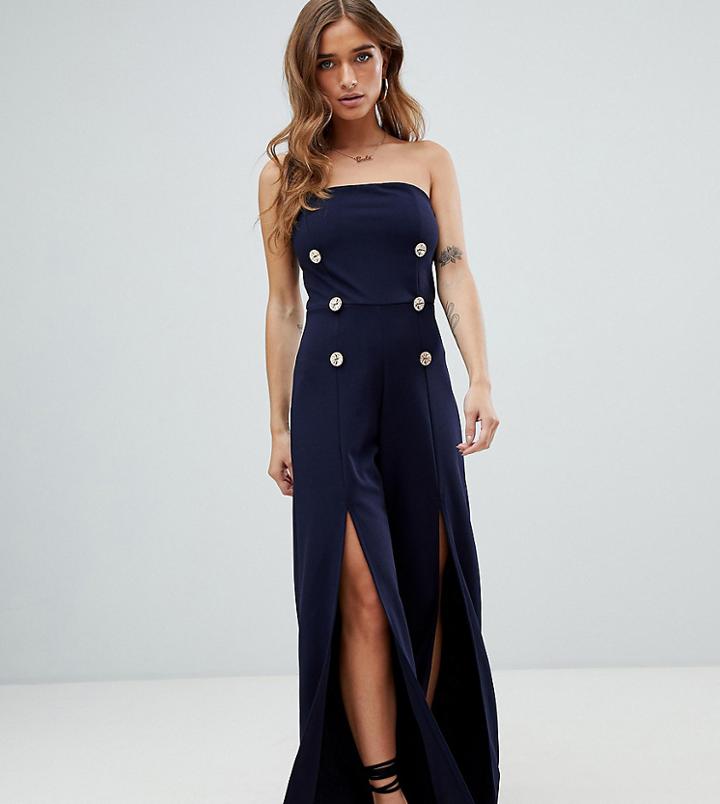 Boohoo Petite Bandeau Split Leg Jumpsuit In Navy - Navy