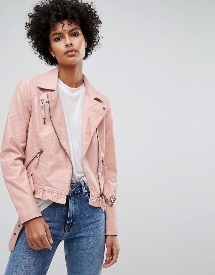 Vero Moda Leather Look Belted Biker Jacket - Pink