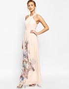 Little Mistress High Neck Maxi Dress With Open Back - Nude Floral Print