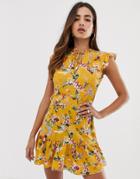 Boohoo Mini Dress With Tie Detail In Yellow Floral - Multi