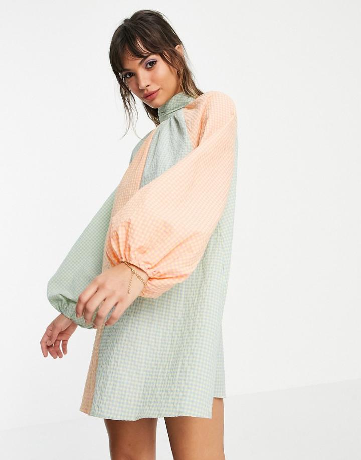 Lost Ink High Neck Smock Dress In Gingham Panels-multi