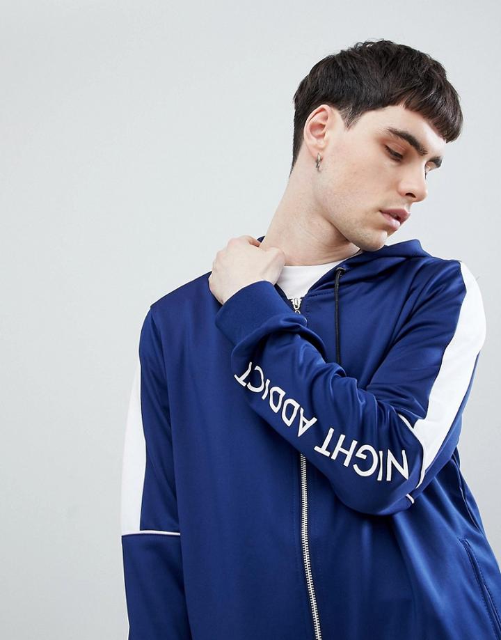 Night Addict Paneled Zip Thru Tracksuit Hoodie - Navy