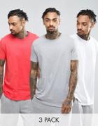 Asos 3 Pack Longline T-shirt In Red/white/gray Marl Save - Multi